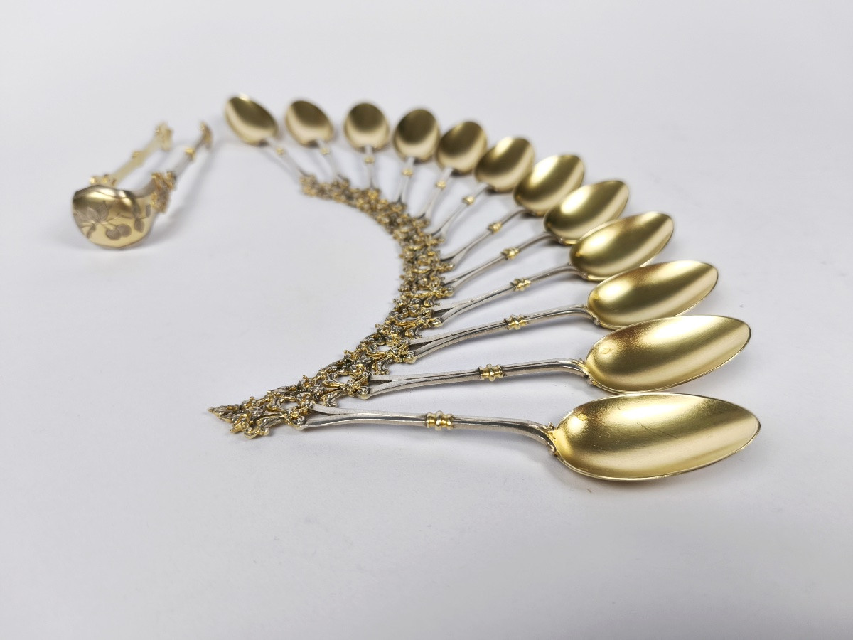 Soufflot : service à thé / café ; cuillères & pince argent massif et vermeil ajouré néogothique-photo-3