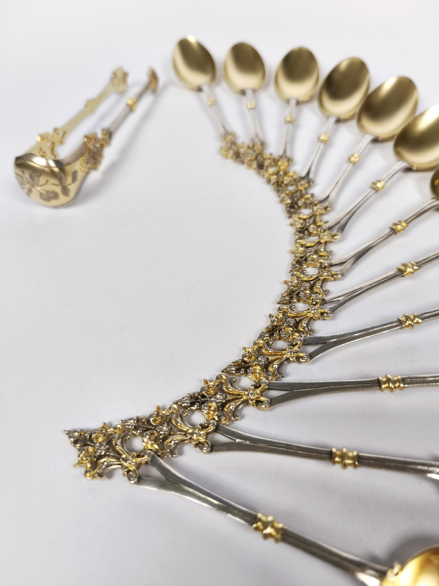 Soufflot : service à thé / café ; cuillères & pince argent massif et vermeil ajouré néogothique-photo-4