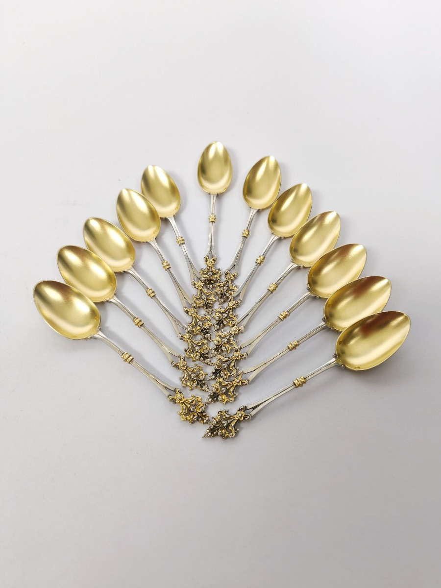 Soufflot : service à thé / café ; cuillères & pince argent massif et vermeil ajouré néogothique-photo-7