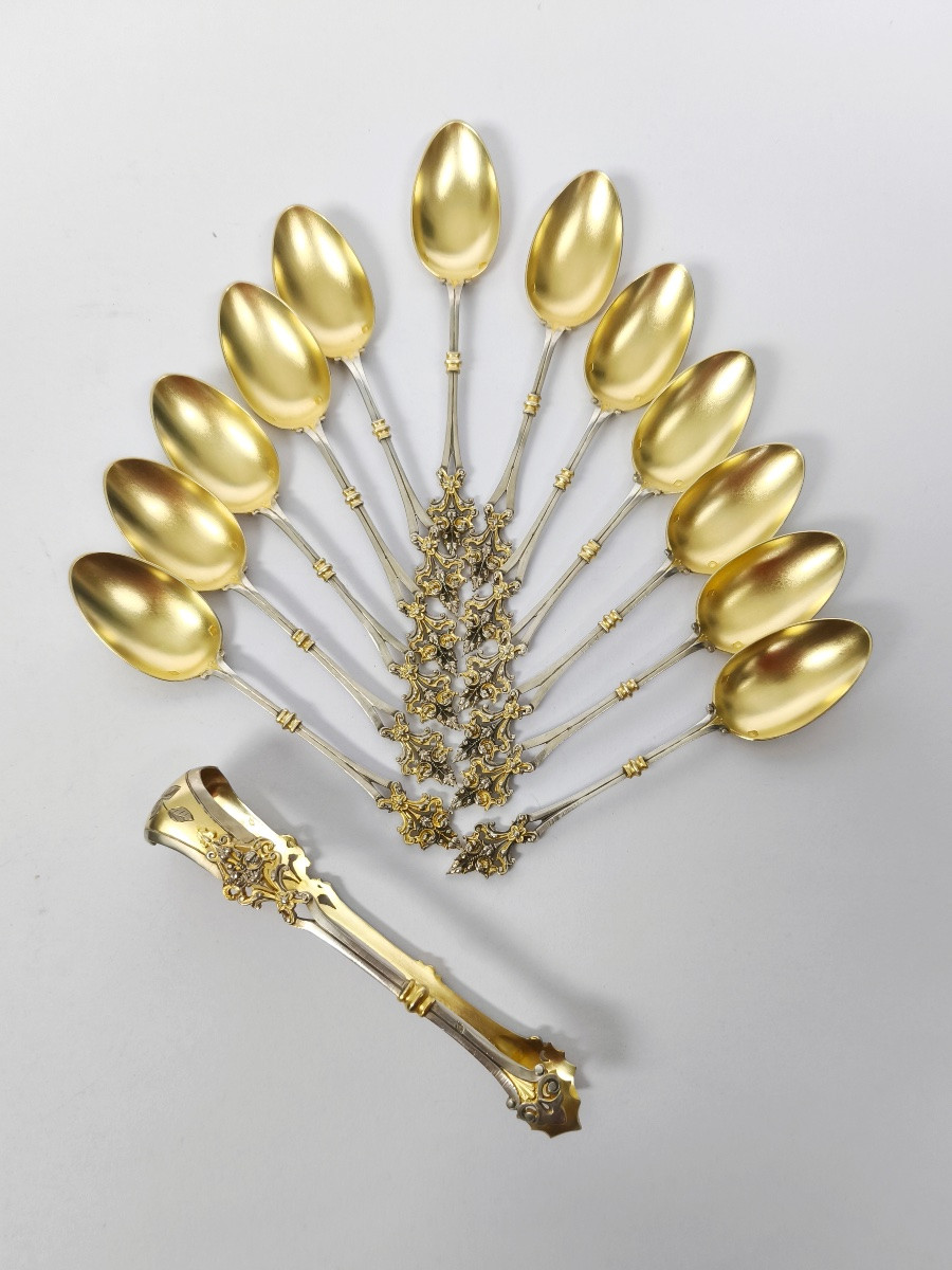 Soufflot : service à thé / café ; cuillères & pince argent massif et vermeil ajouré néogothique-photo-8