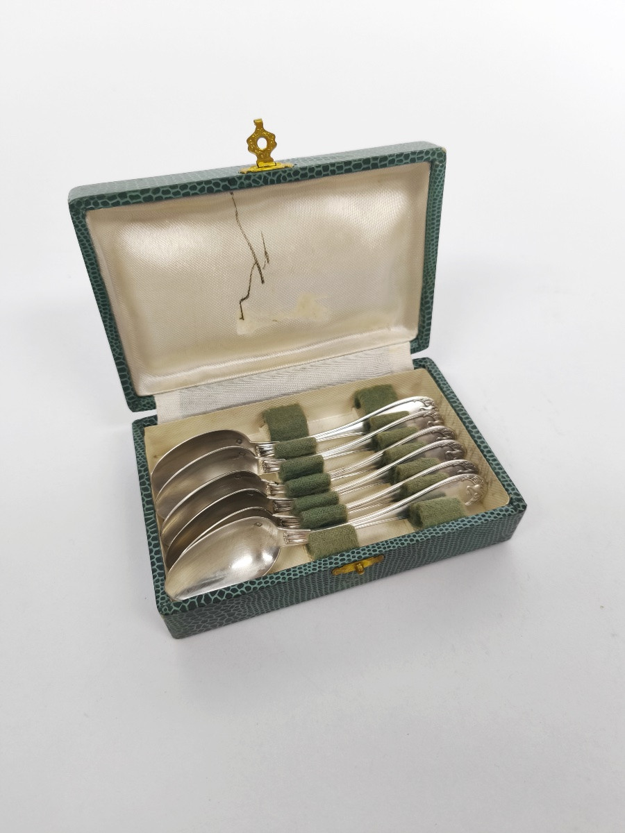  Charles Tirbour : suite de six cuillères a café en argent massif. Décor impérial de cygnes. -photo-3