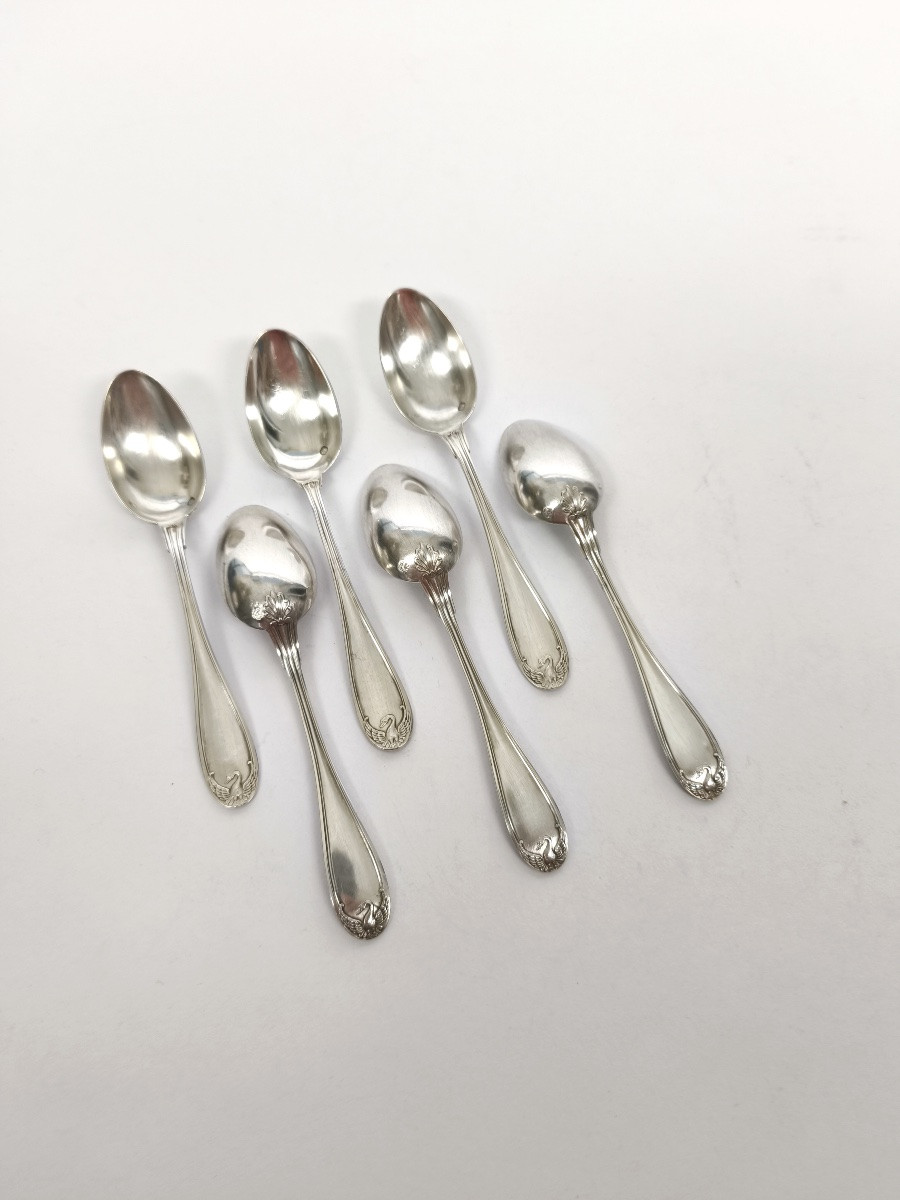  Charles Tirbour : suite de six cuillères a café en argent massif. Décor impérial de cygnes. -photo-4