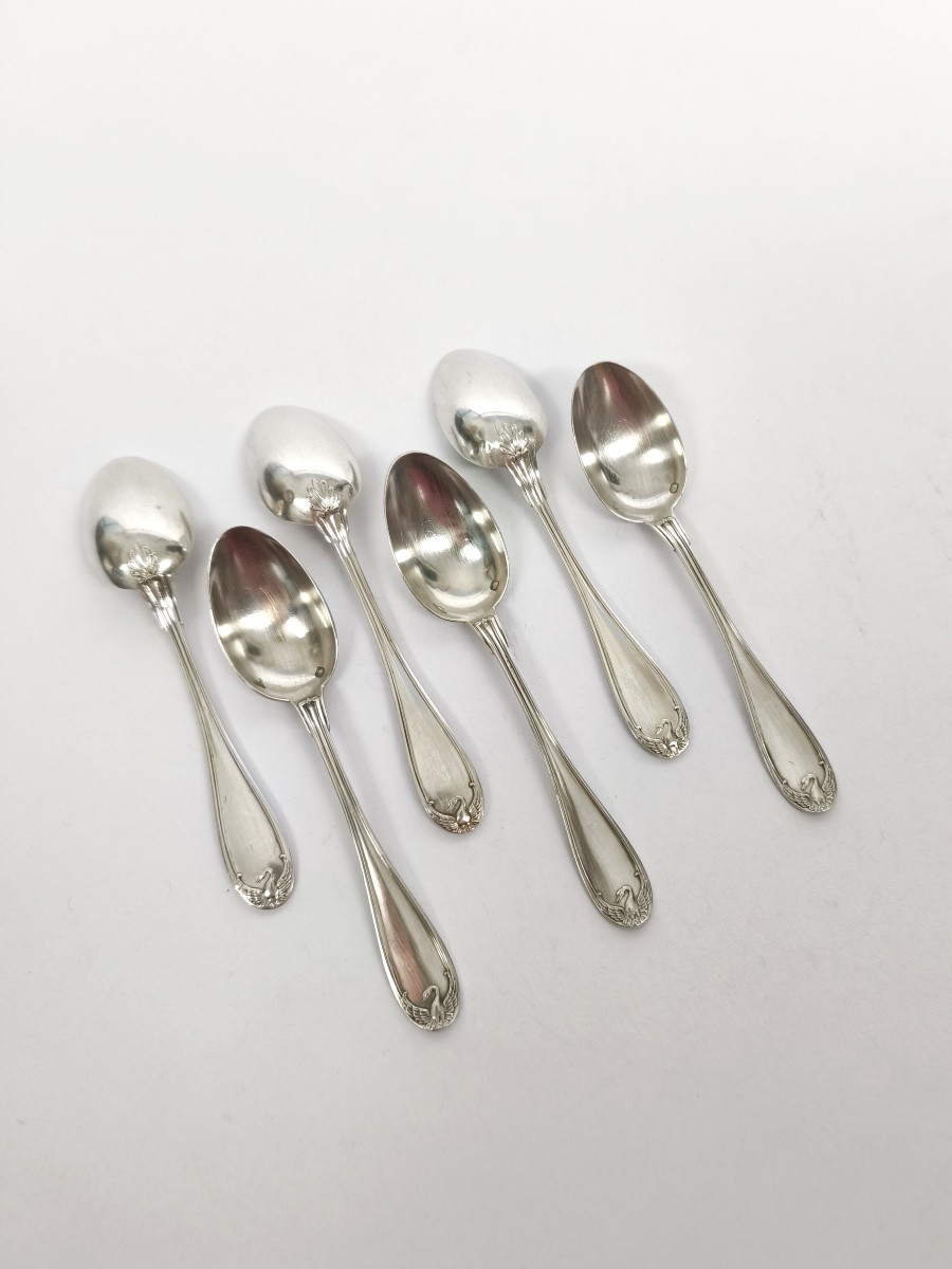  Charles Tirbour : suite de six cuillères a café en argent massif. Décor impérial de cygnes. -photo-1