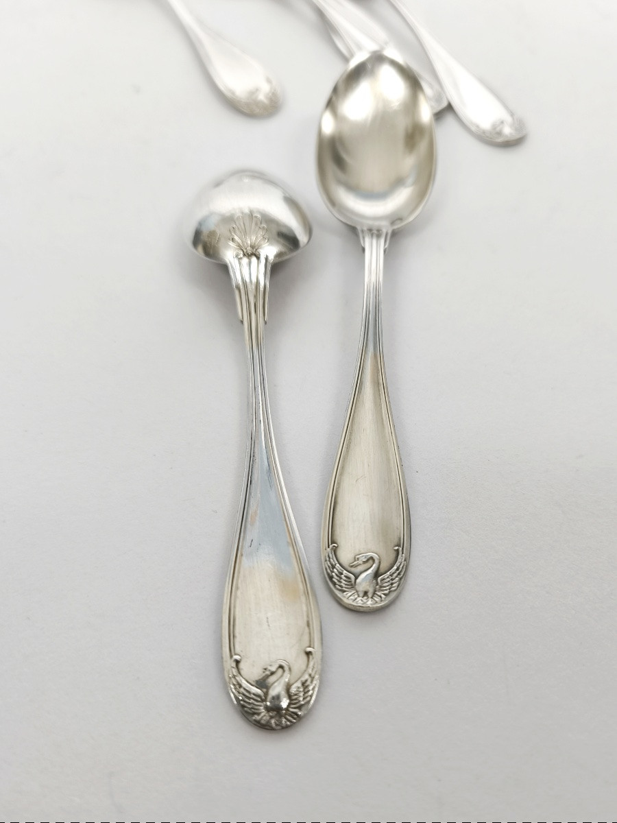  Charles Tirbour : suite de six cuillères a café en argent massif. Décor impérial de cygnes. -photo-2
