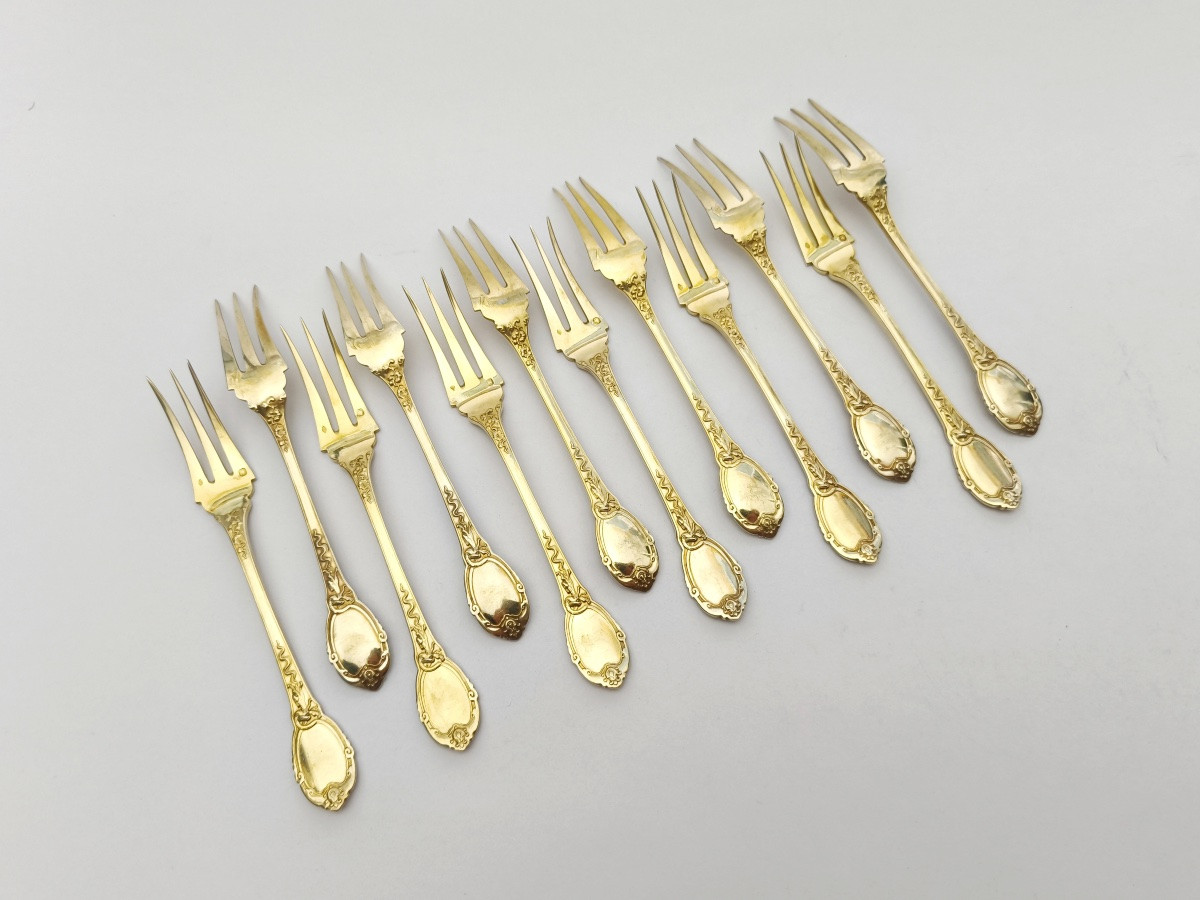 Soufflot : fourchettes à dessert argent massif vermeil, décor japonisant / sinisant de dragons-photo-3