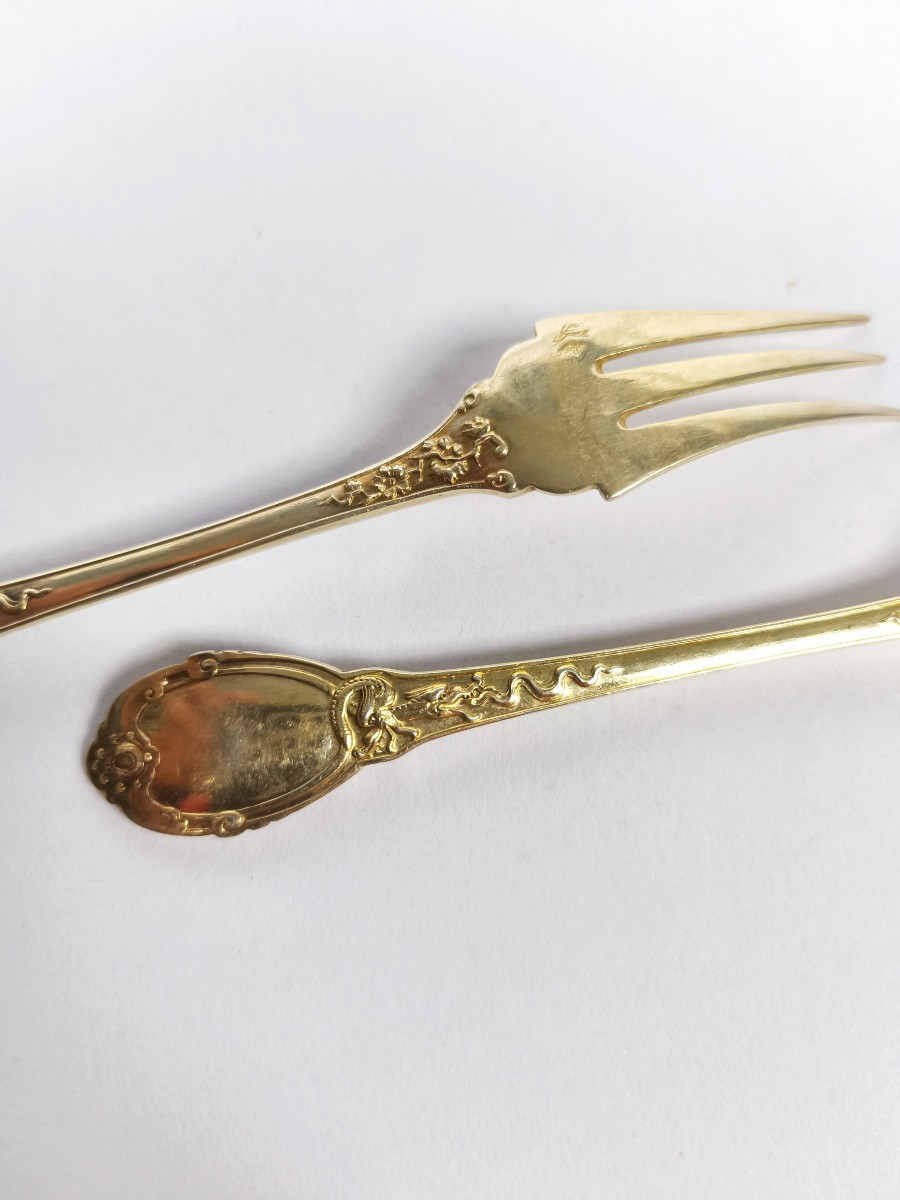 Soufflot : fourchettes à dessert argent massif vermeil, décor japonisant / sinisant de dragons-photo-1