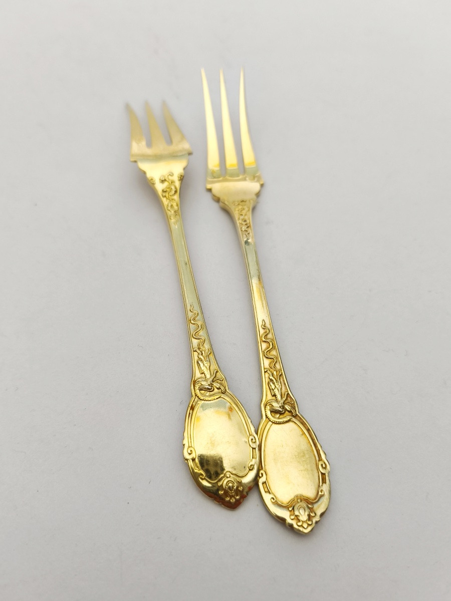 Soufflot : fourchettes à dessert argent massif vermeil, décor japonisant / sinisant de dragons-photo-6