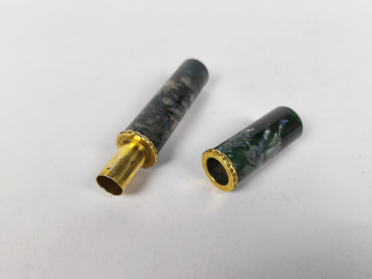  Etui tubulaire à cire ou message en agate mousse, jaspe sanguin & argent massif / vermeil XIXe-photo-2