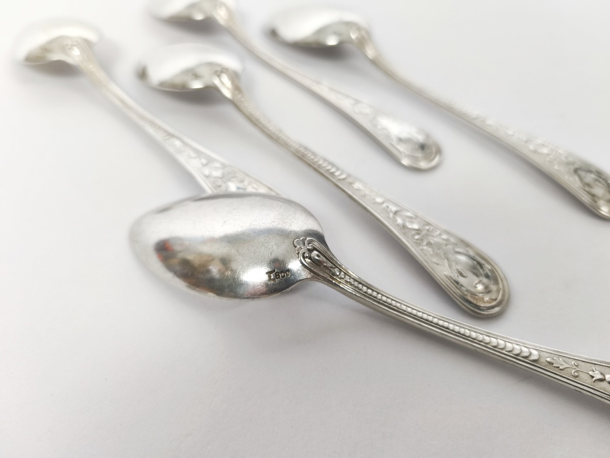 Koch & Bergfeld: 6 Solid Silver Dessert Spoons, Berain Style Putti Decoration, Louis XIV-photo-4