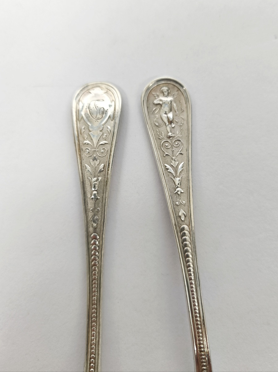 Koch & Bergfeld: 6 Solid Silver Dessert Spoons, Berain Style Putti Decoration, Louis XIV-photo-1