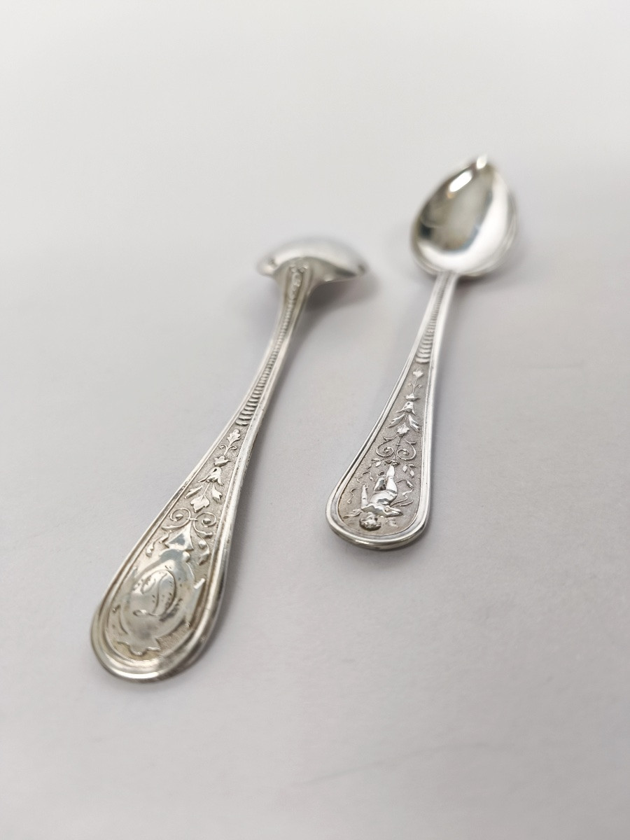 Koch & Bergfeld: 6 Solid Silver Dessert Spoons, Berain Style Putti Decoration, Louis XIV-photo-2
