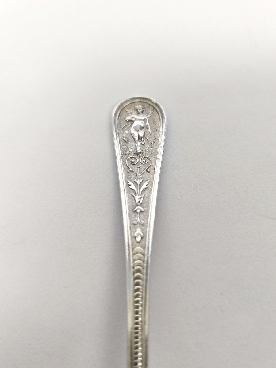 Koch & Bergfeld: 6 Solid Silver Dessert Spoons, Berain Style Putti Decoration, Louis XIV-photo-3