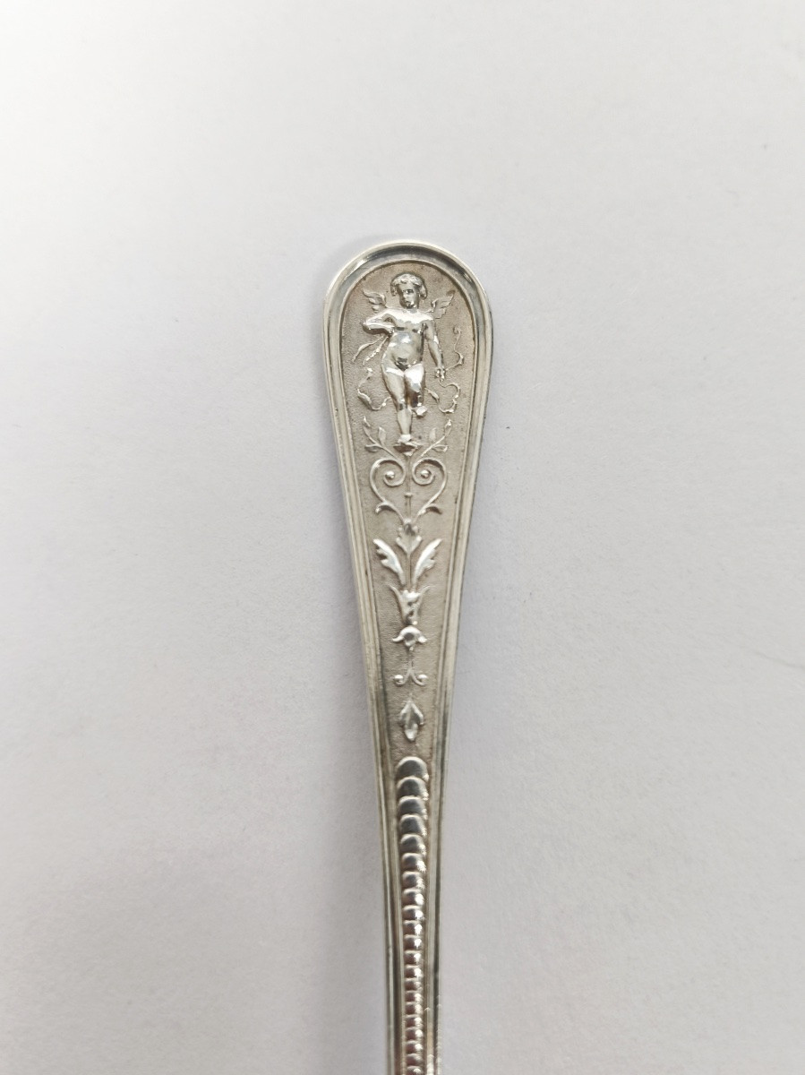 Koch & Bergfeld: 6 Solid Silver Dessert Spoons, Berain Style Putti Decoration, Louis XIV-photo-4