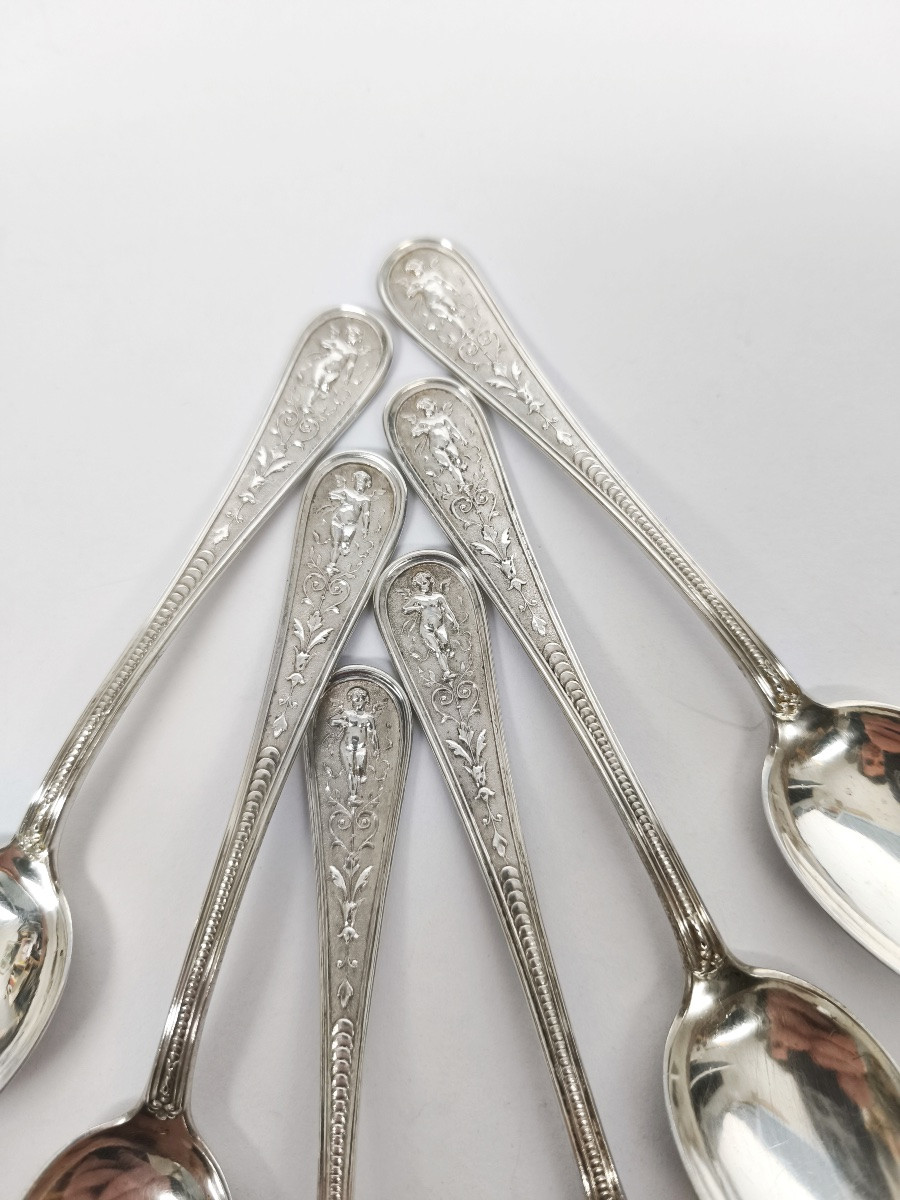 Koch & Bergfeld: 6 Solid Silver Dessert Spoons, Berain Style Putti Decoration, Louis XIV-photo-5