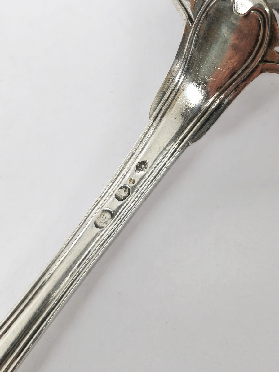 Lourde cuillère à sucre saupoudreuse en argent massif, 1er coq 1798-1809. Fin XVIIIe - deb XIXe-photo-2