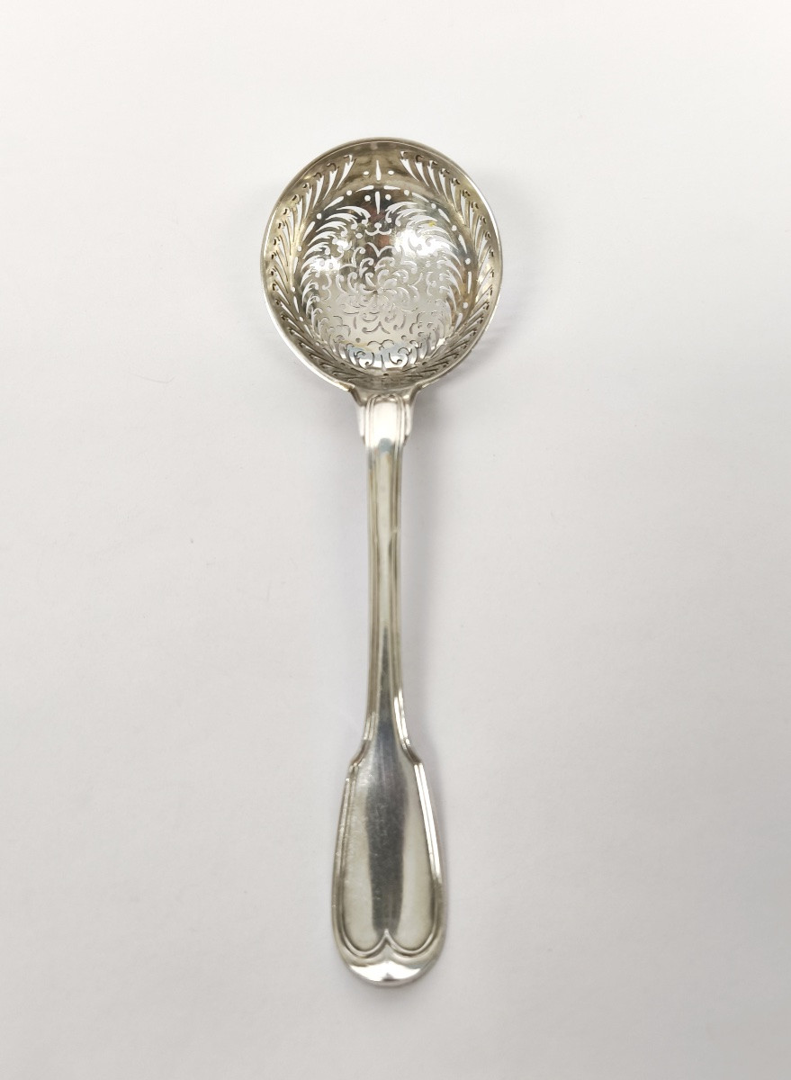 Lourde cuillère à sucre saupoudreuse en argent massif, 1er coq 1798-1809. Fin XVIIIe - deb XIXe-photo-3