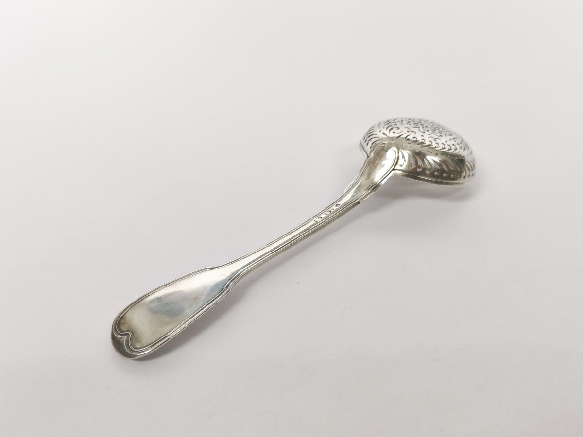 Lourde cuillère à sucre saupoudreuse en argent massif, 1er coq 1798-1809. Fin XVIIIe - deb XIXe-photo-3