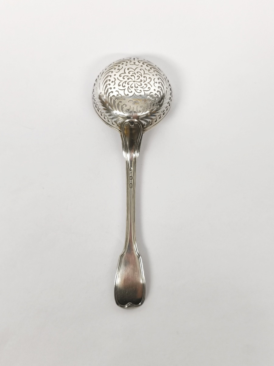 Lourde cuillère à sucre saupoudreuse en argent massif, 1er coq 1798-1809. Fin XVIIIe - deb XIXe-photo-4