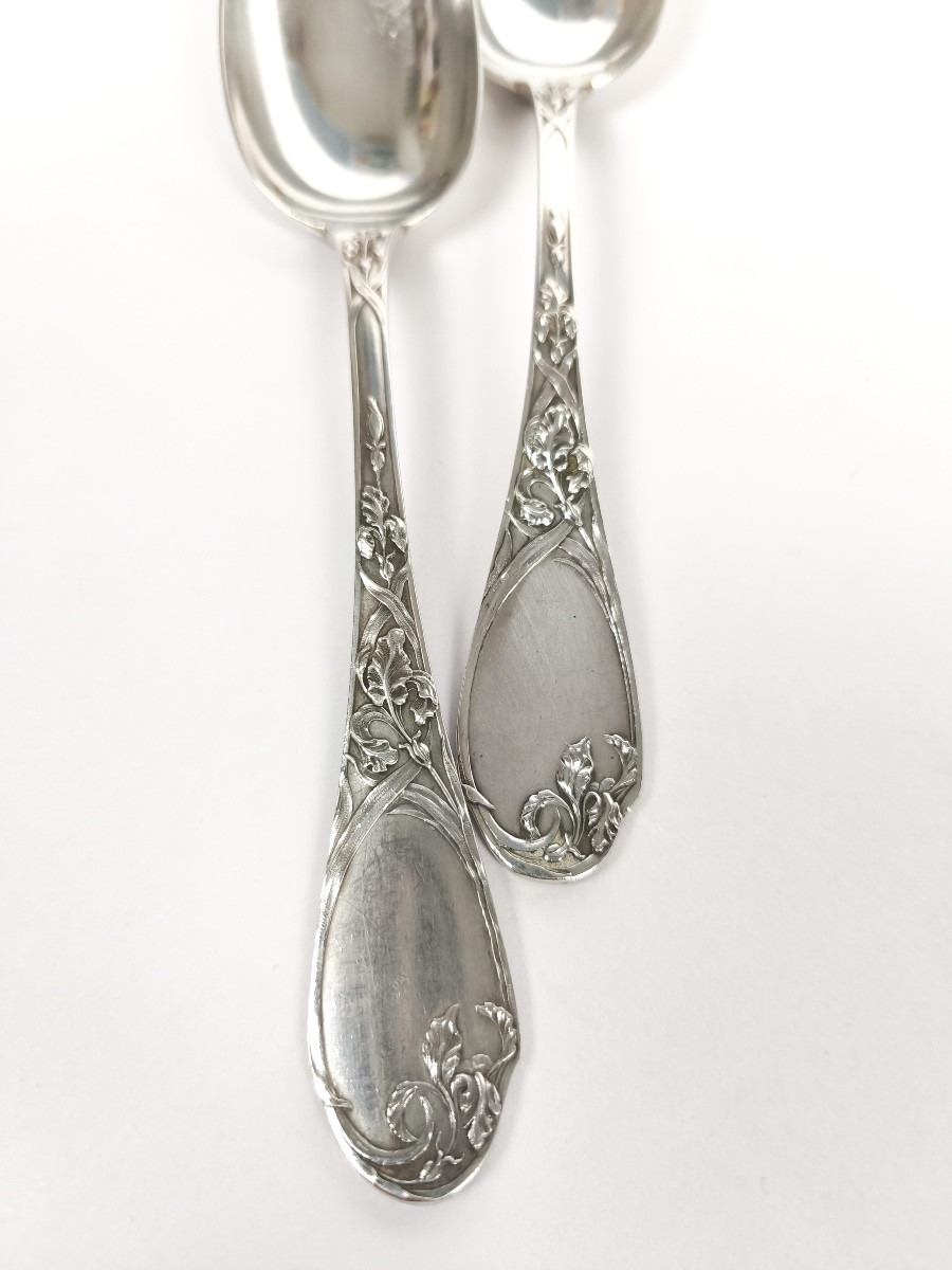 Puiforcat : couvert en argent massif Art Nouveau, modèle aux Iris. C1900 -photo-1