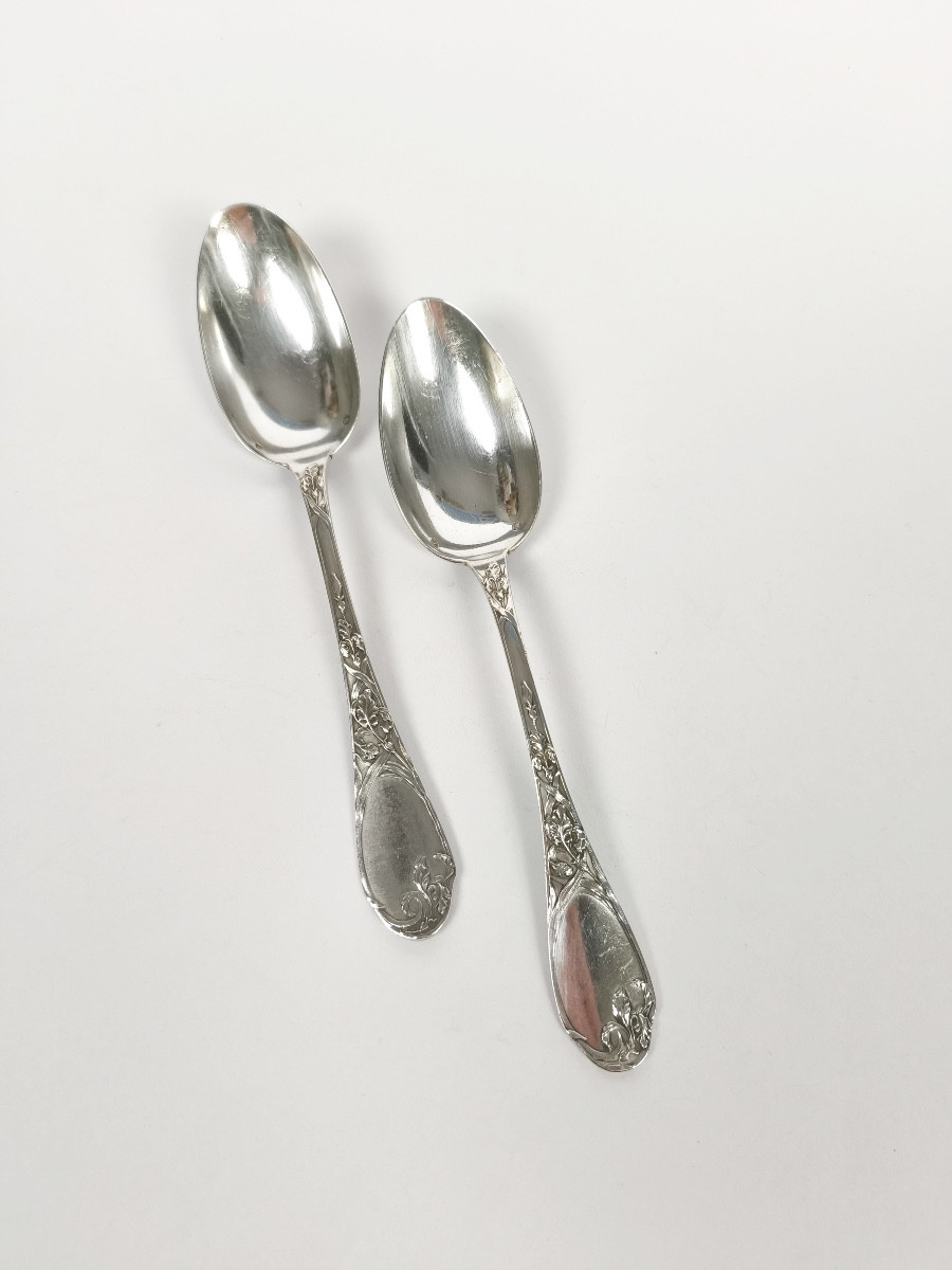 Puiforcat : couvert en argent massif Art Nouveau, modèle aux Iris. C1900 