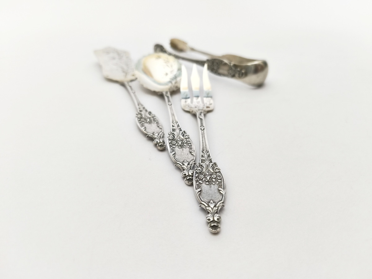 Schifferlet: Solid Silver Cutlery For Petits Fours/seed Cakes. St. Louis XV / Art Nouveau