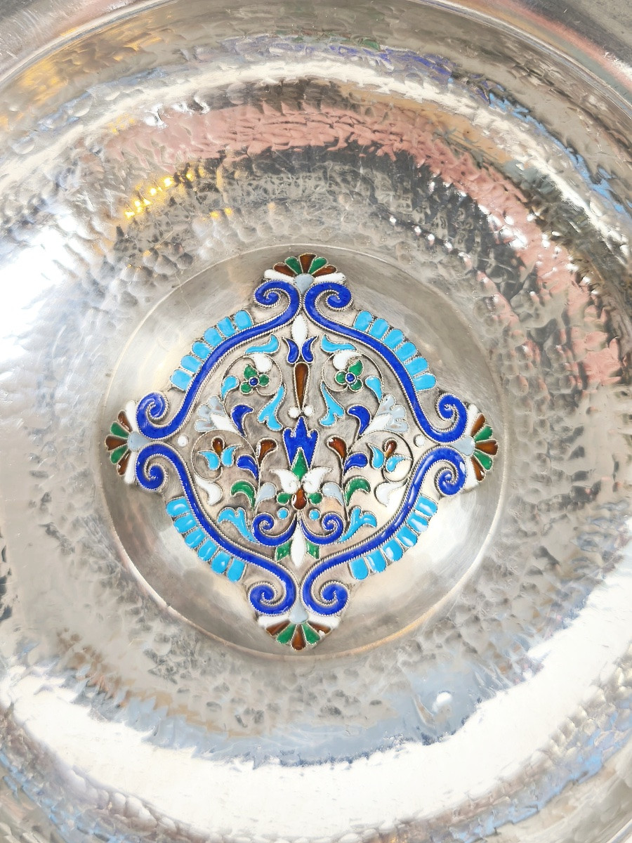 Grande coupe creuse en argent massif émaillé cloisonné. Bol à caviar ? Travail russe ? Email.-photo-6