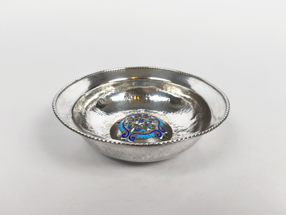 Grande coupe creuse en argent massif émaillé cloisonné. Bol à caviar ? Travail russe ? Email.-photo-7