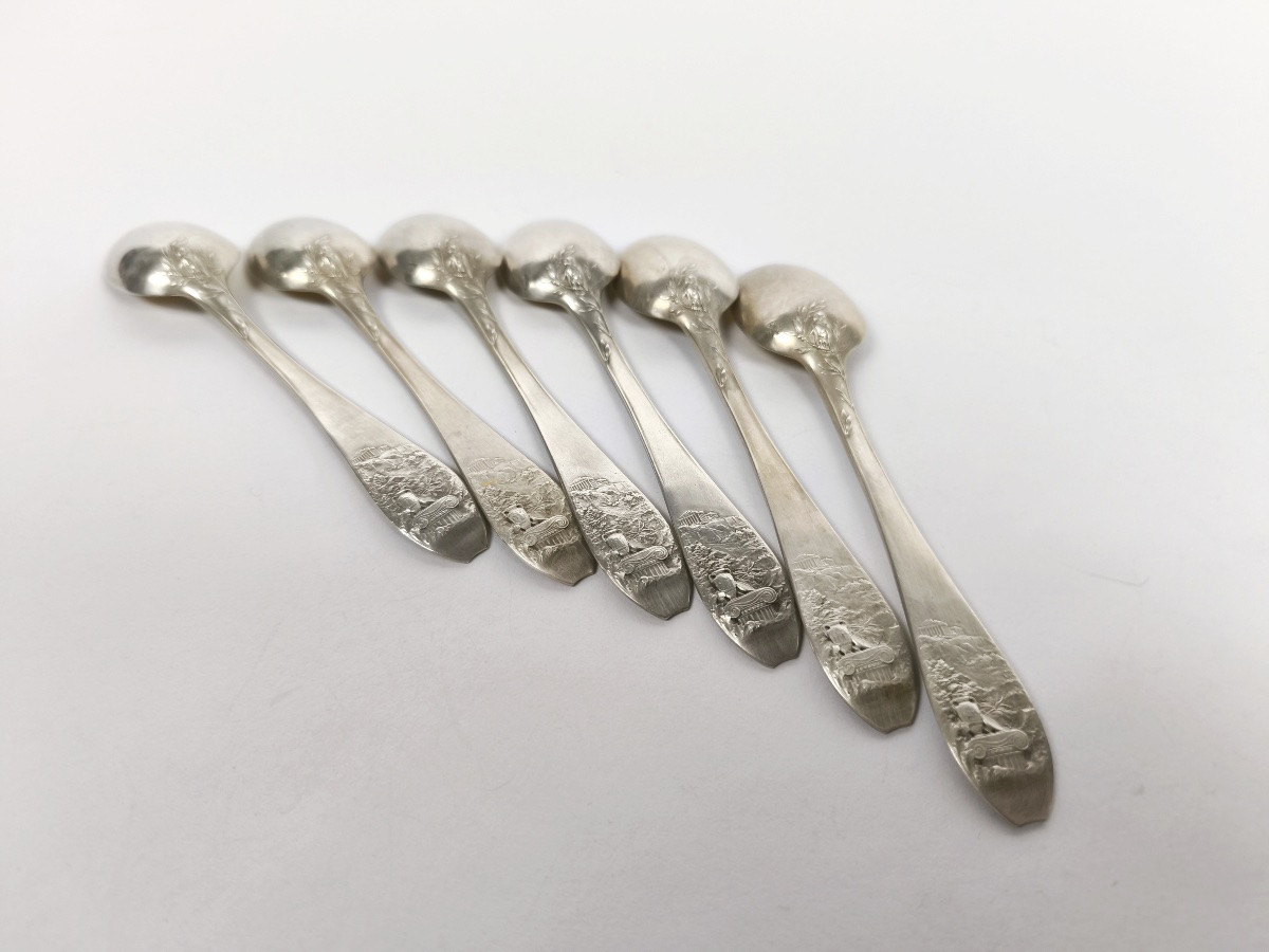 Christofle X Oscar Roty: Six Solid Silver And Vermeil Spoons, Universal Exhibition 1900-photo-2