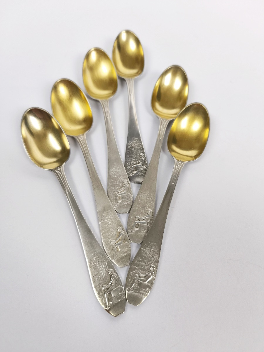 Christofle X Oscar Roty: Six Solid Silver And Vermeil Spoons, Universal Exhibition 1900-photo-4