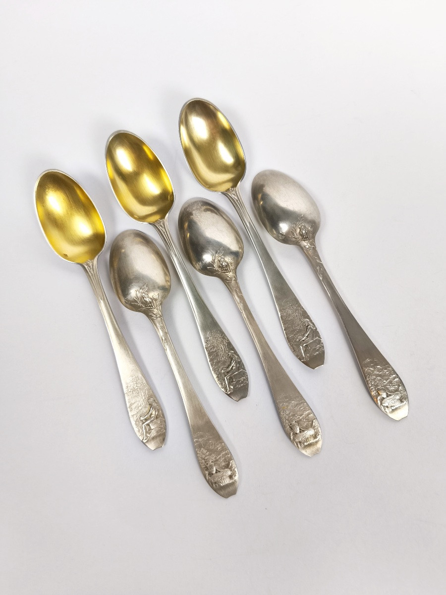 Christofle X Oscar Roty: Six Solid Silver And Vermeil Spoons, Universal Exhibition 1900-photo-2