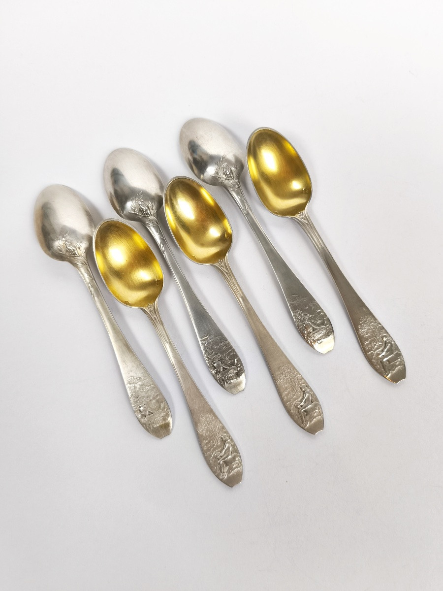 Christofle X Oscar Roty: Six Solid Silver And Vermeil Spoons, Universal Exhibition 1900-photo-3