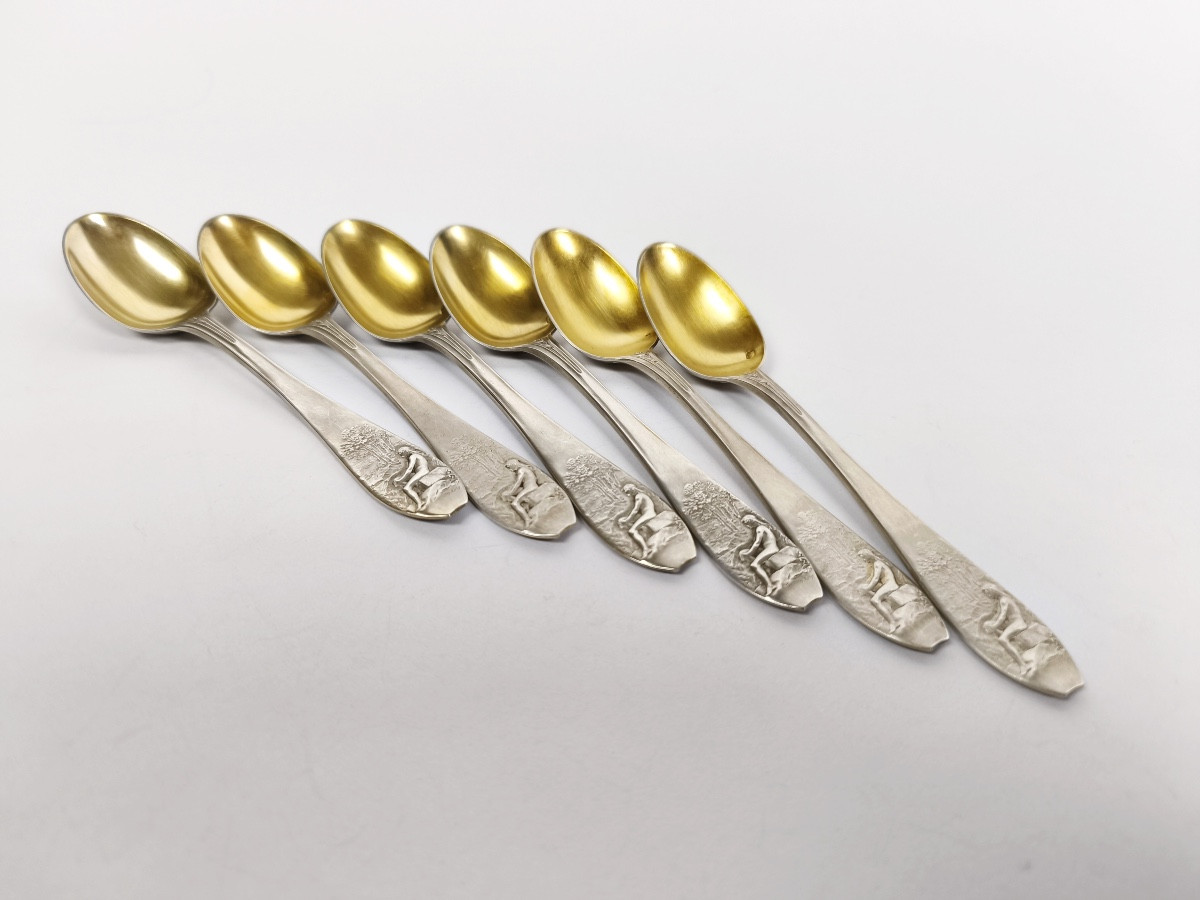 Christofle X Oscar Roty: Six Solid Silver And Vermeil Spoons, Universal Exhibition 1900