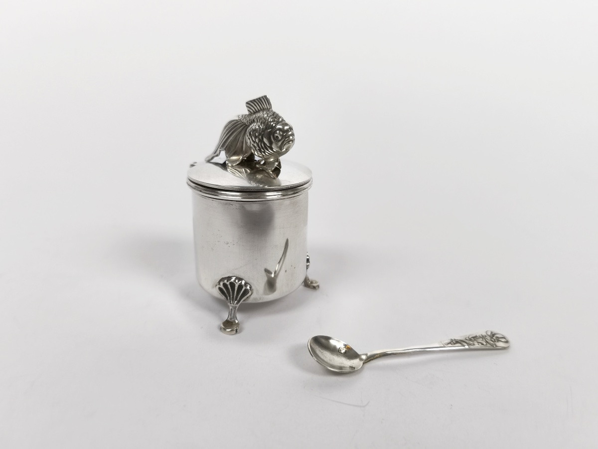 Lubin Paris : moutardier en argent massif décor de poisson japonais. Japon XXe ? -photo-2