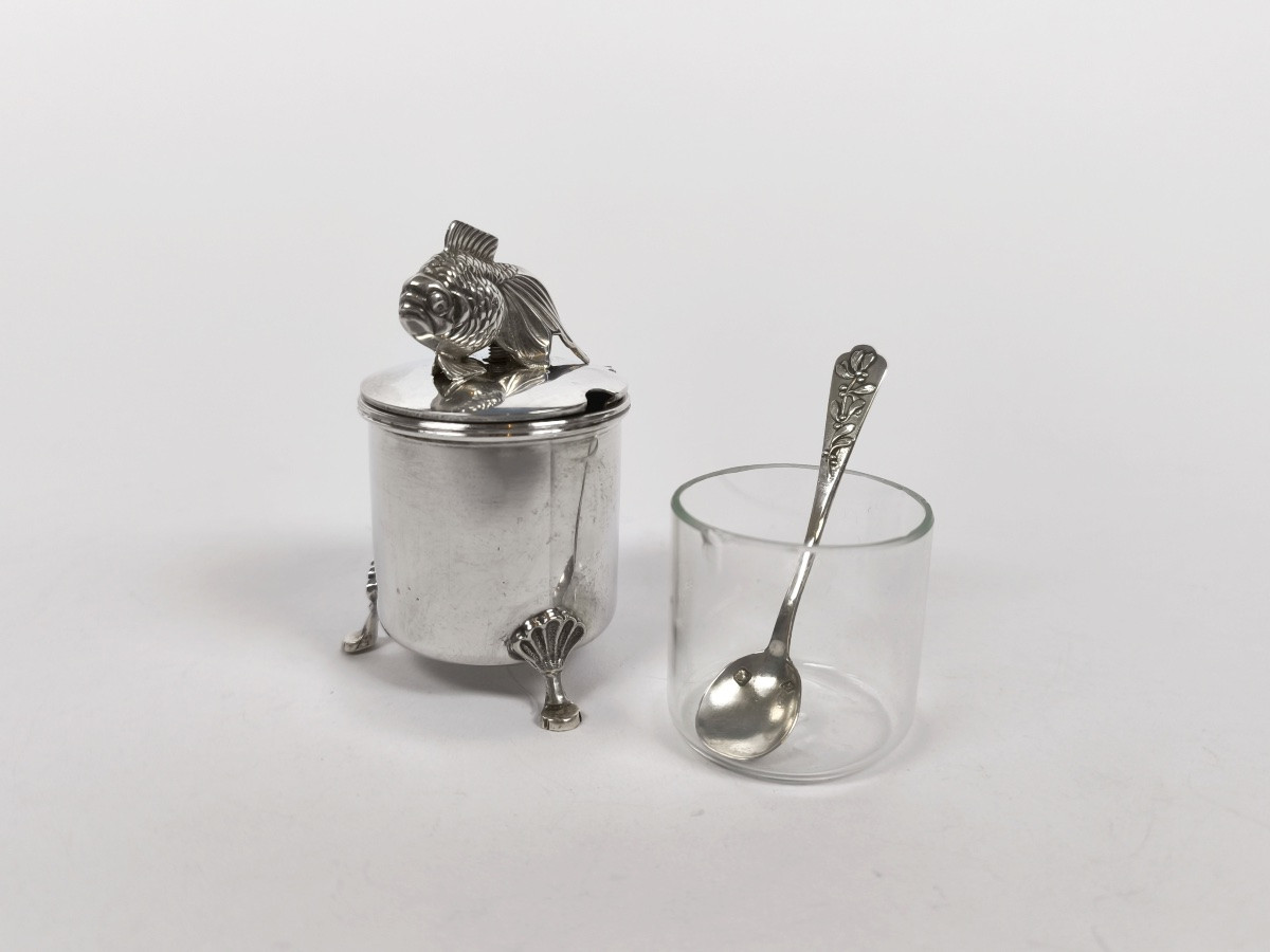 Lubin Paris : moutardier en argent massif décor de poisson japonais. Japon XXe ? -photo-2