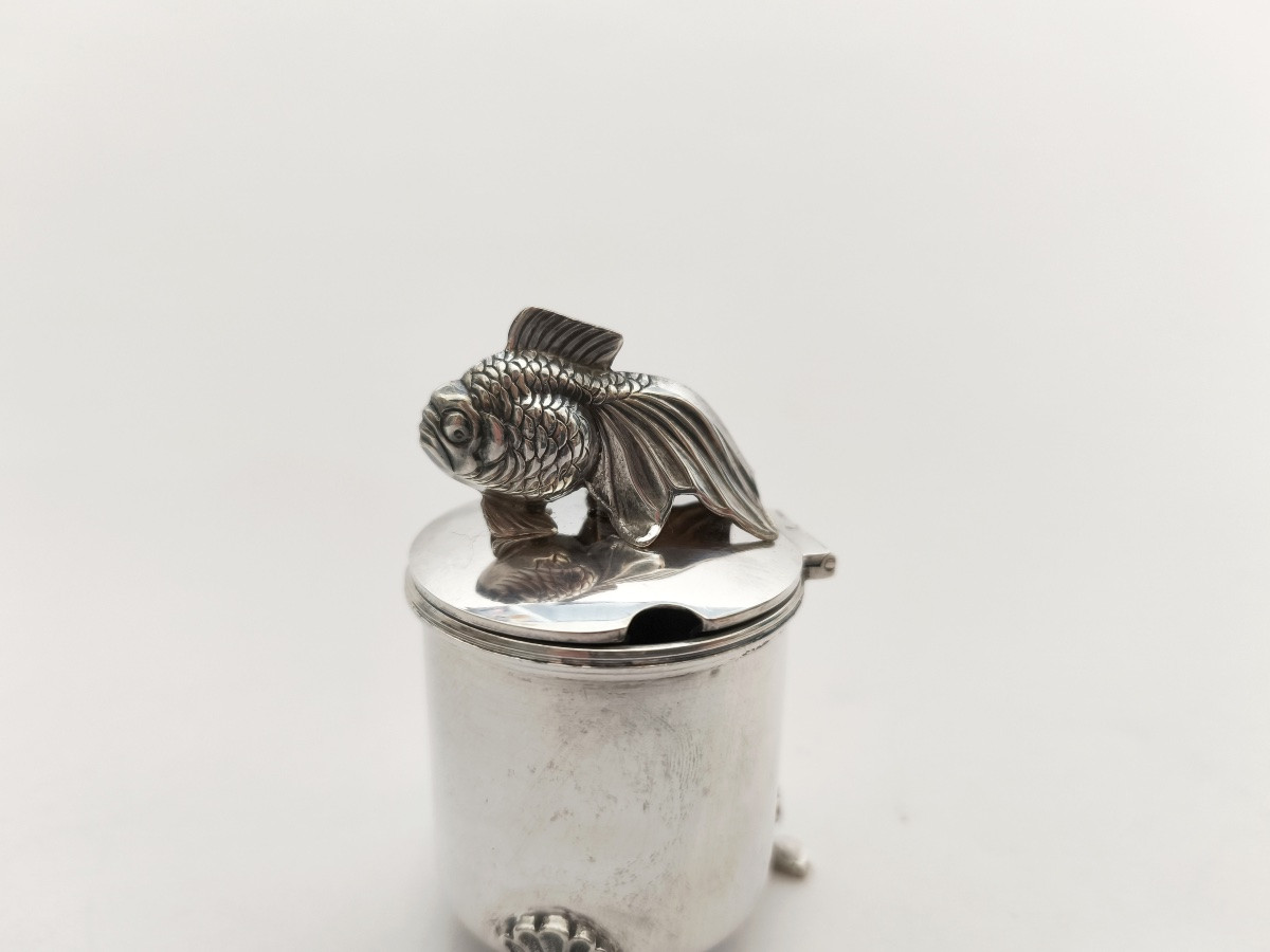 Lubin Paris : moutardier en argent massif décor de poisson japonais. Japon XXe ? -photo-5