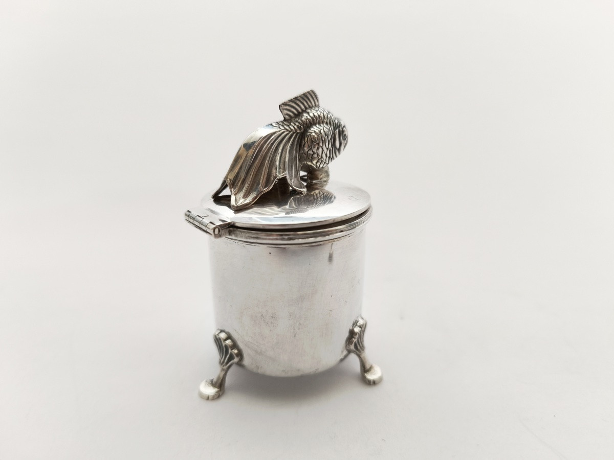 Lubin Paris : moutardier en argent massif décor de poisson japonais. Japon XXe ? -photo-6