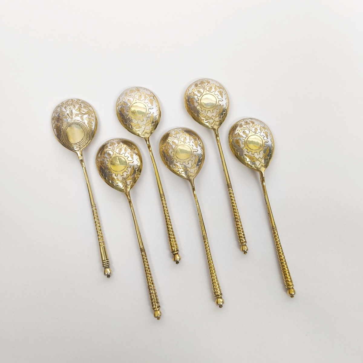 Set Of Large Caviar Spoons In Solid Silver And Russian Vermeil. Late 19th Century. -photo-2