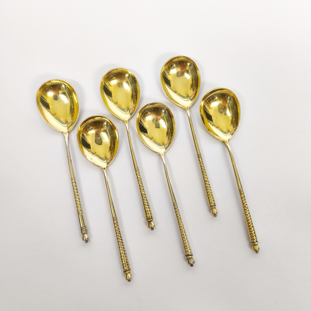 Set Of Large Caviar Spoons In Solid Silver And Russian Vermeil. Late 19th Century. -photo-3