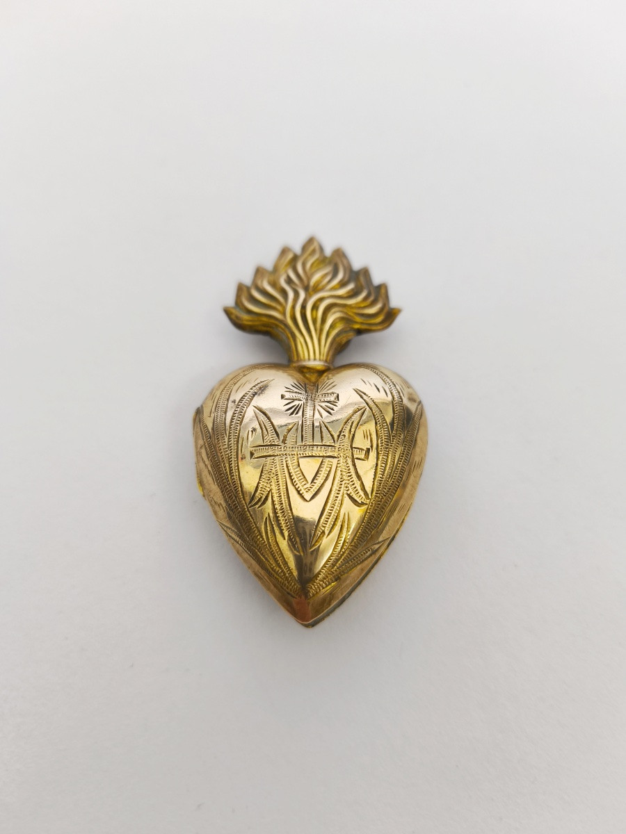 Ex voto : coeur enflamm&eacute; en Laiton. Religiosa XIXe ; Coeur Immacul&eacute; de Marie. -photo-5