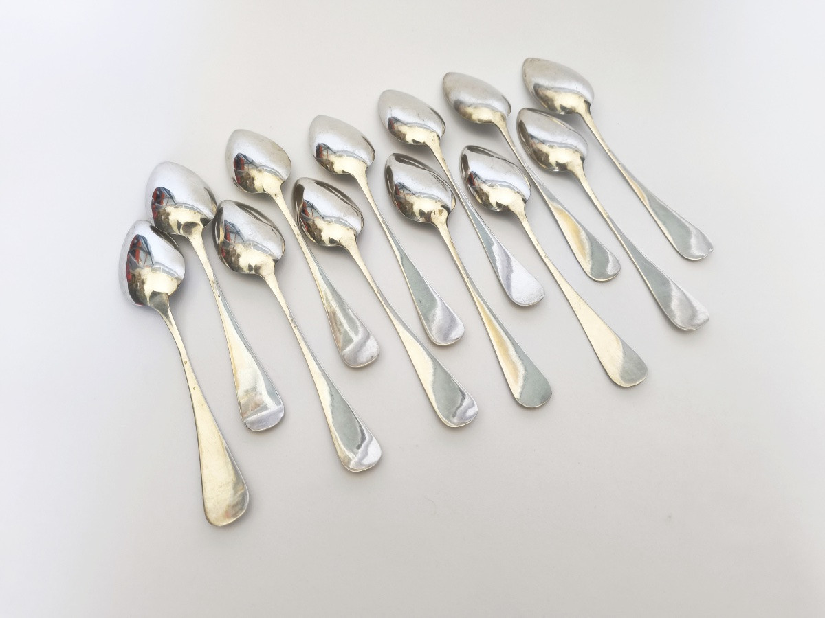 Twelve Solid Silver Dessert Spoons, Fazy Family Coat Of Arms. 19th Century, Geneva? -photo-2