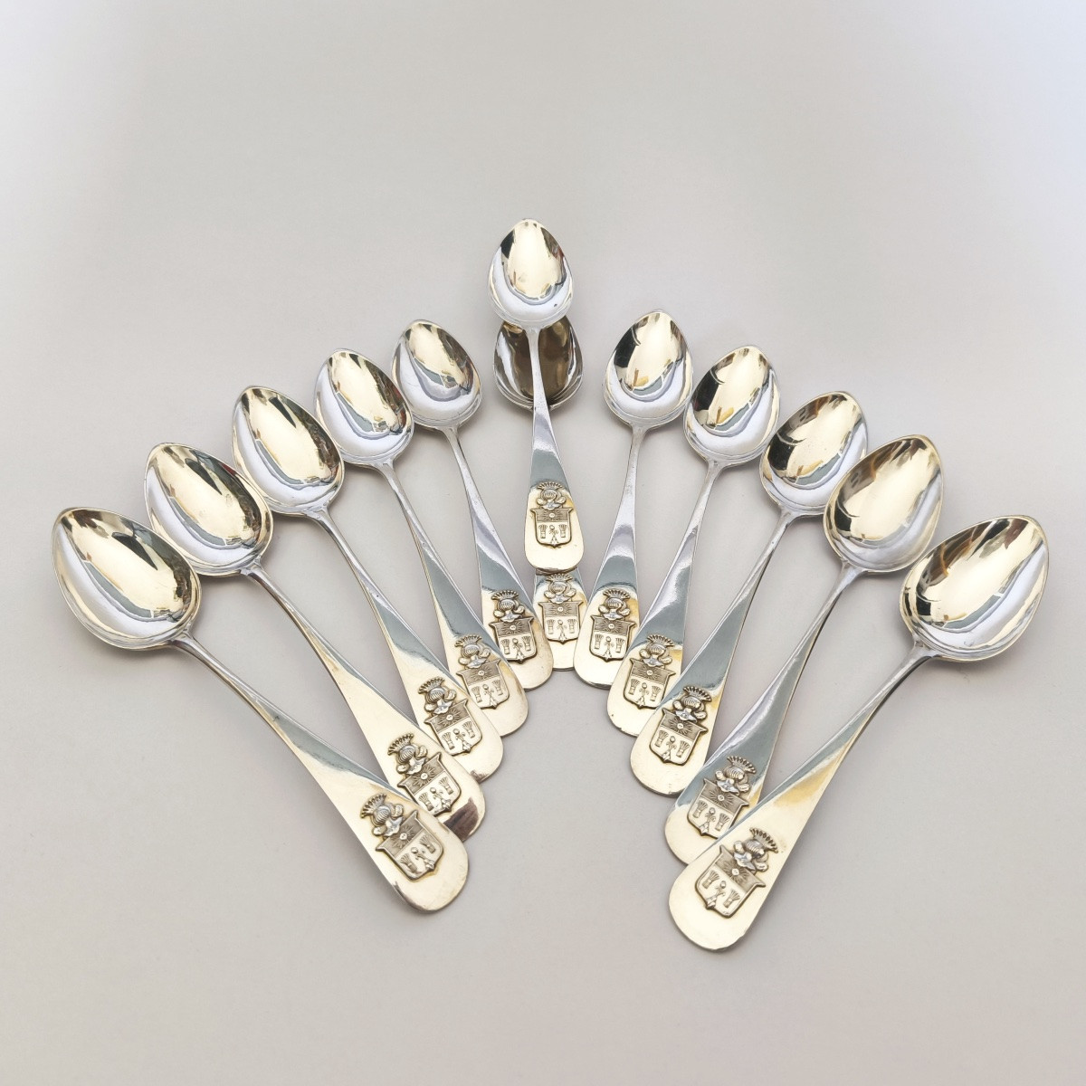Twelve Solid Silver Dessert Spoons, Fazy Family Coat Of Arms. 19th Century, Geneva? -photo-1