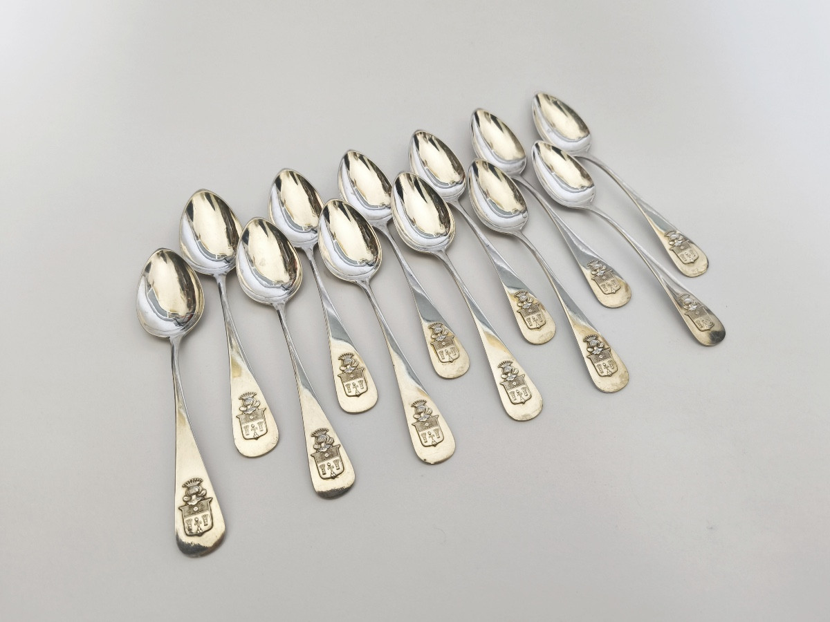 Twelve Solid Silver Dessert Spoons, Fazy Family Coat Of Arms. 19th Century, Geneva? 