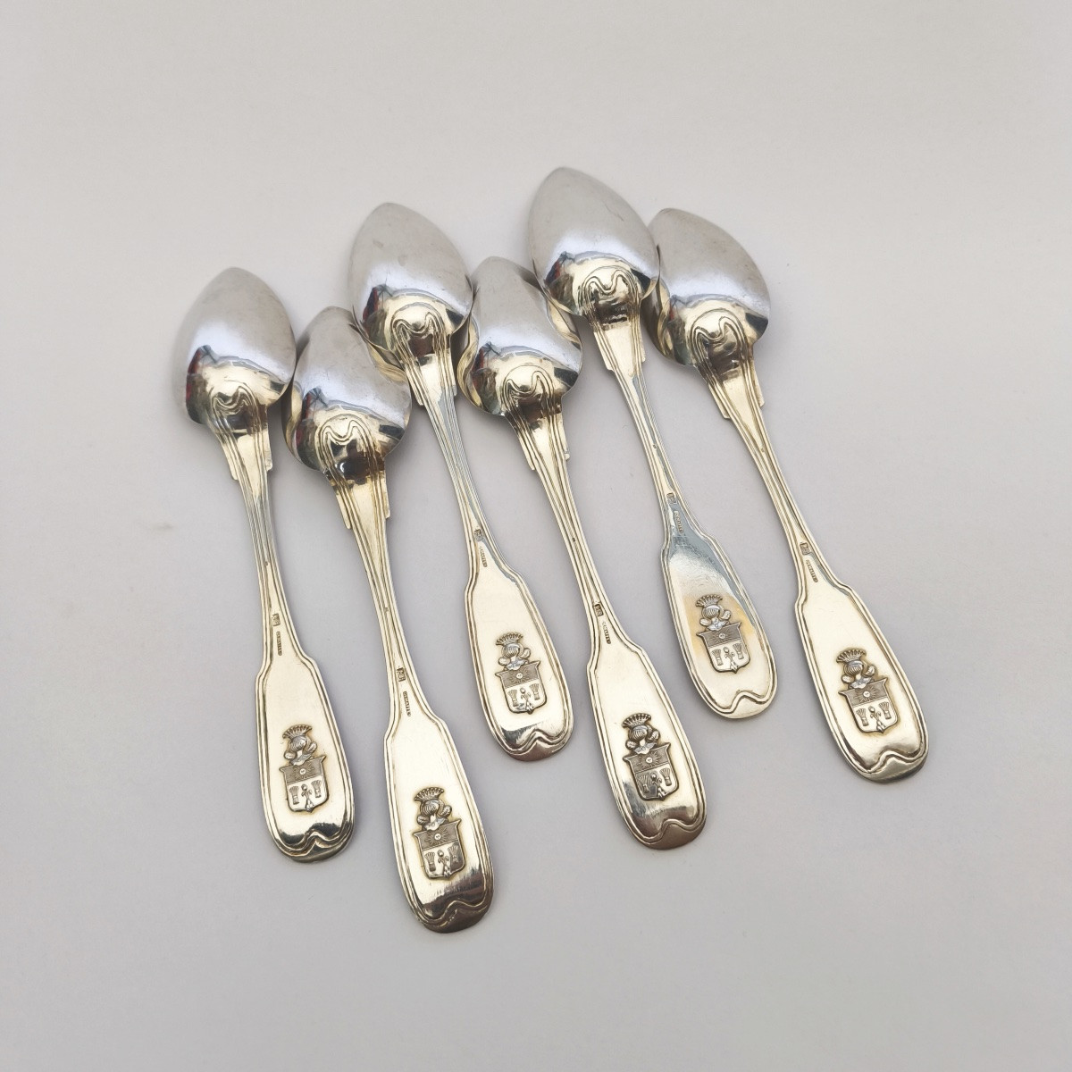 Demaffey : Six cuillères de table en argent massif, armoiries famille Fazy. XIXe siècle. Genève-photo-2