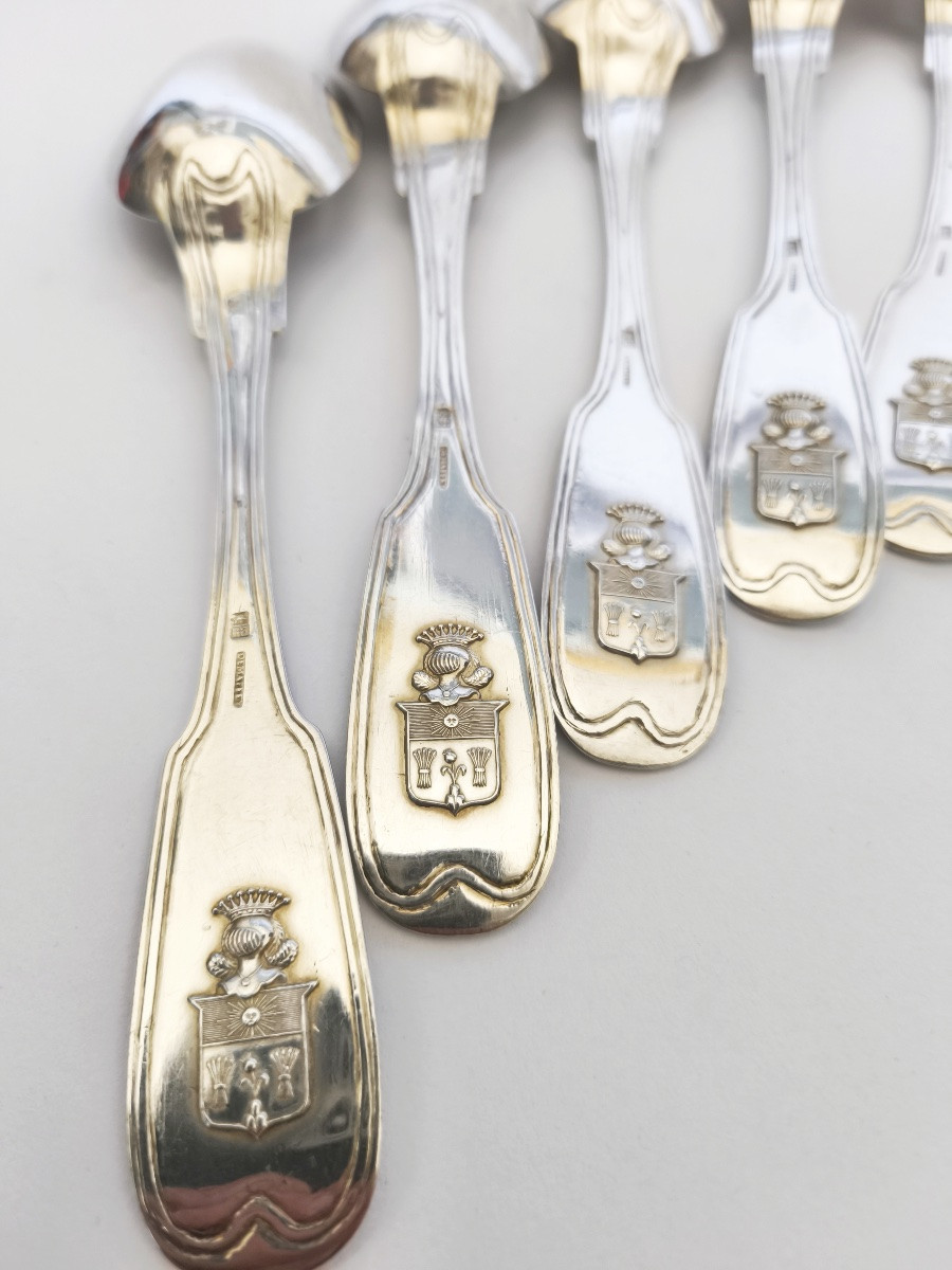 Demaffey : Six cuillères de table en argent massif, armoiries famille Fazy. XIXe siècle. Genève-photo-4
