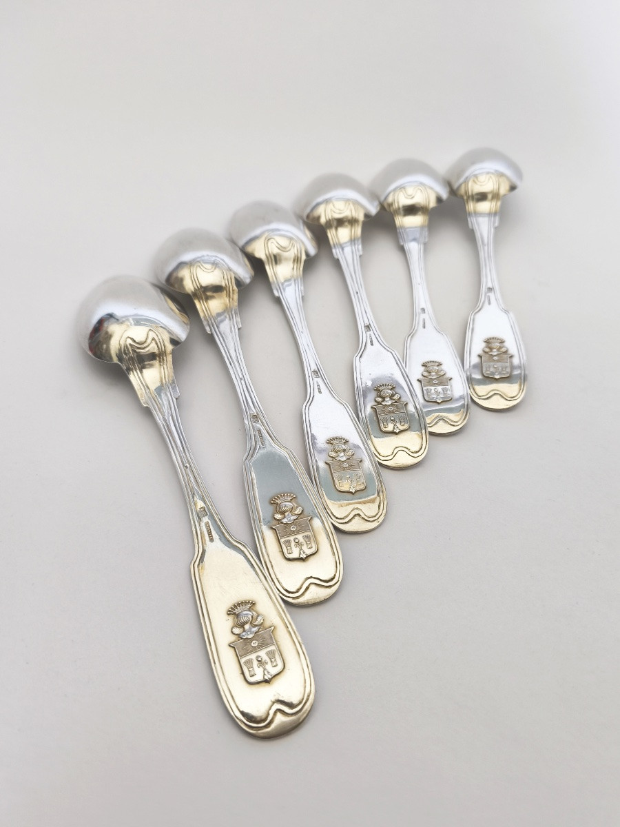 Demaffey : Six cuillères de table en argent massif, armoiries famille Fazy. XIXe siècle. Genève-photo-1