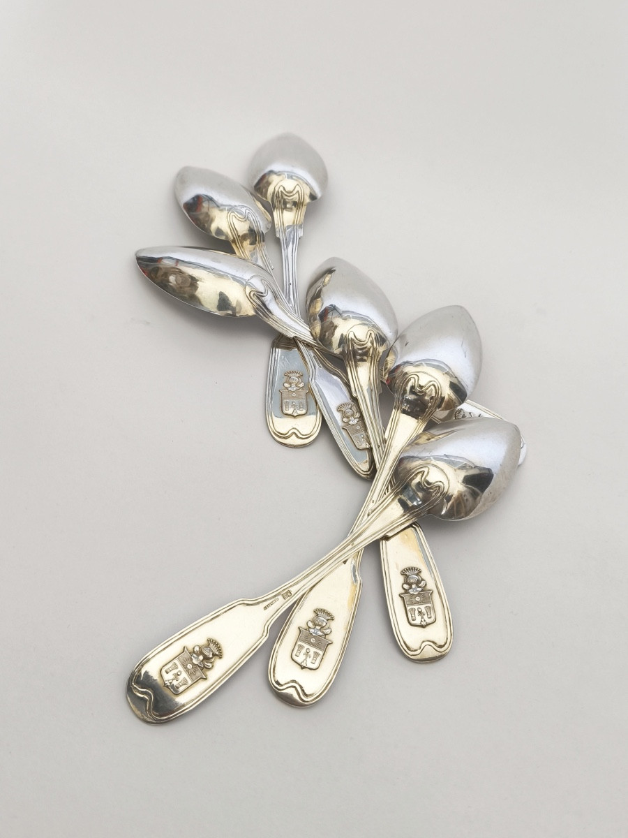 Demaffey : Six cuillères de table en argent massif, armoiries famille Fazy. XIXe siècle. Genève