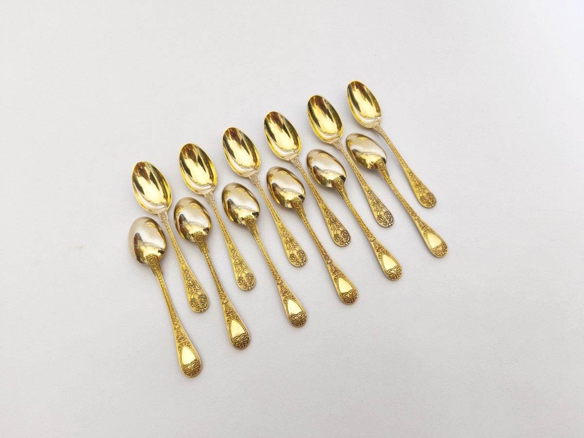 Odiot par Hénin :12 cuillères a café en argent massif / vermeil modèle Napoléon de style Empire-photo-3