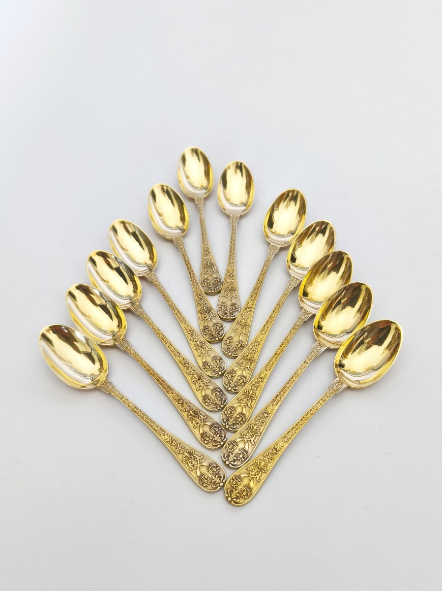 Odiot par Hénin :12 cuillères a café en argent massif / vermeil modèle Napoléon de style Empire-photo-2