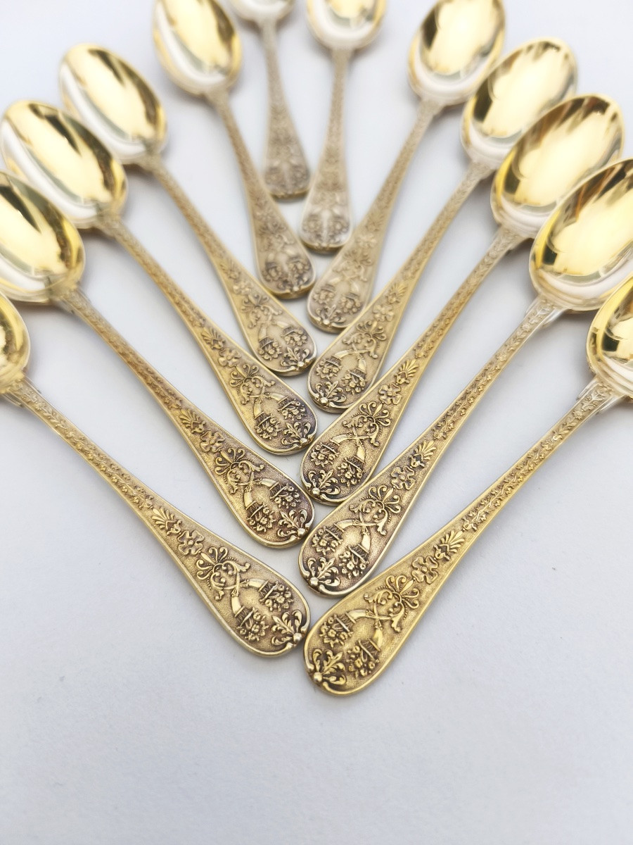 Odiot par Hénin :12 cuillères a café en argent massif / vermeil modèle Napoléon de style Empire-photo-3