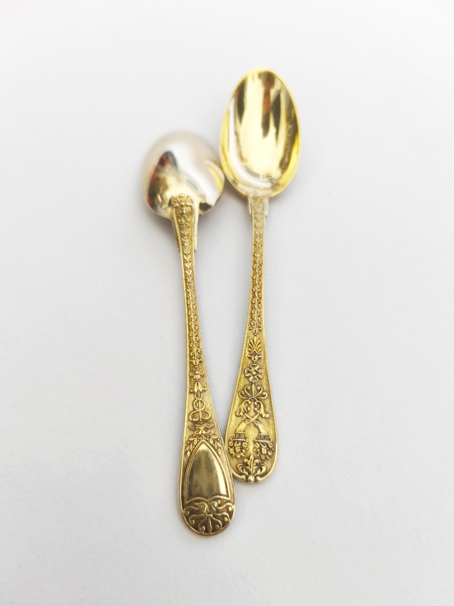Odiot par Hénin :12 cuillères a café en argent massif / vermeil modèle Napoléon de style Empire-photo-6